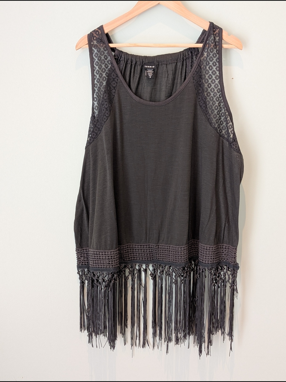 Torrid Grey Crochet Fringe Tank with Lace Insets - Picture 2 of 7